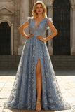 Grey Blue A Line Deep V Neck Long Prom Dress with Embroidery