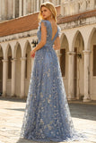 Grey Blue A Line Deep V Neck Long Prom Dress with Embroidery