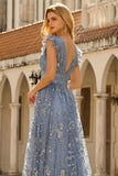 Grey Blue A Line Deep V Neck Long Prom Dress with Embroidery