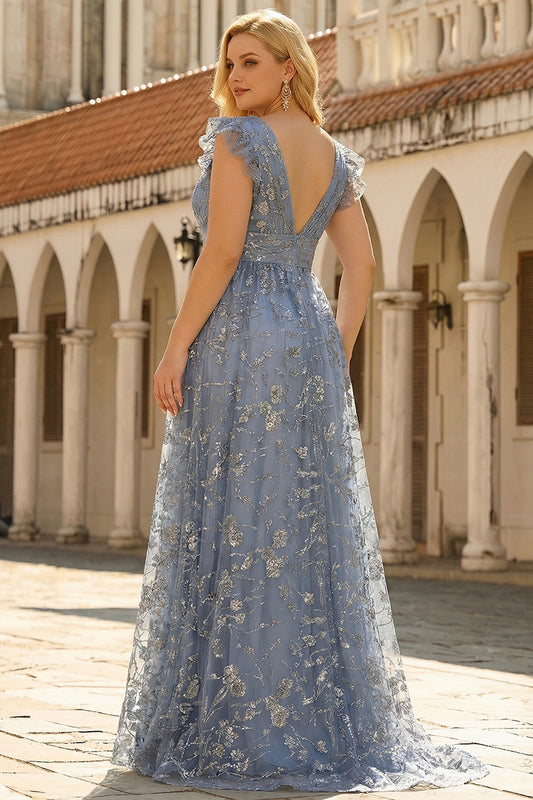 Plus Size Grey Blue A Line Deep V Neck Long Prom Dress with Embroidery