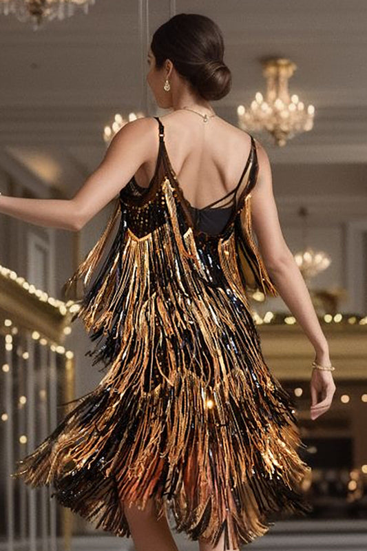 Spaghetti Straps Black Golden Homecoming Dress with Fringes