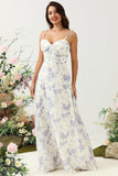 Spaghetti Straps Blue Floral Long Bridesmaid Dress