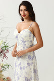 Spaghetti Straps Purple Floral Long Bridesmaid Dress
