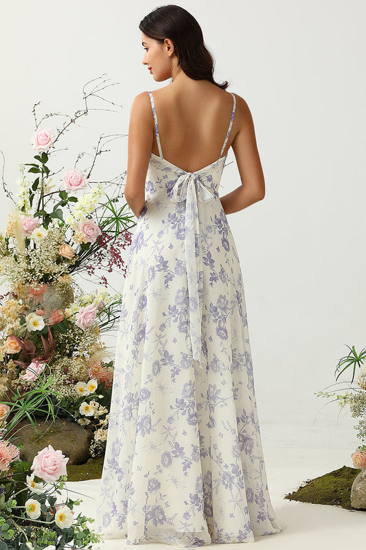 Spaghetti Straps Purple Floral Long Bridesmaid Dress