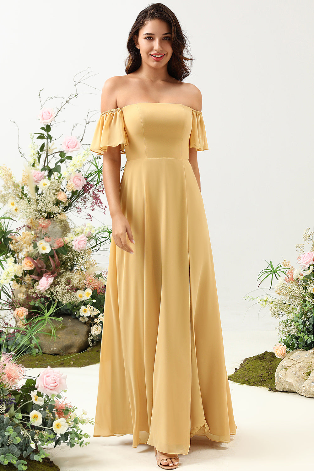Zapakasa Women Yellow Flower Printed Plus Size Bridesmaid Dress A Line Off the Shoulder Wedding Guest Party Dress Zapakasa Women Yellow Flower Printed Plus Size Bridesmaid Dress A Line Off the Shoulder Wedding Guest Party Dress