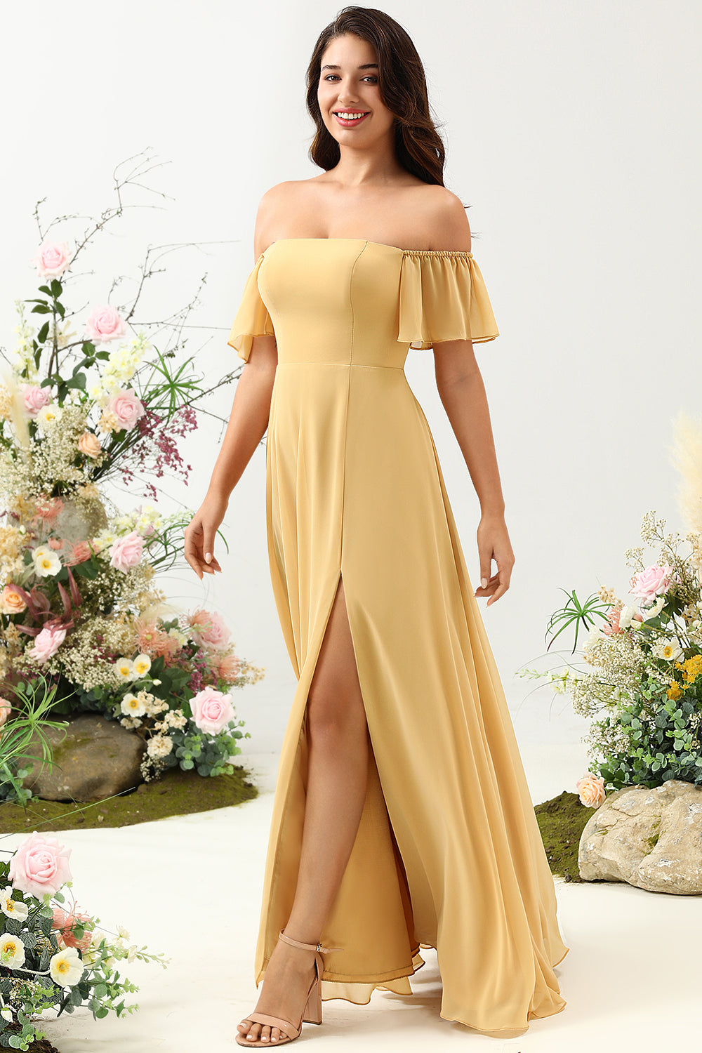 Zapakasa Women Yellow Flower Printed Plus Size Bridesmaid Dress A Line Off the Shoulder Wedding Guest Party Dress Zapakasa Women Yellow Flower Printed Plus Size Bridesmaid Dress A Line Off the Shoulder Wedding Guest Party Dress