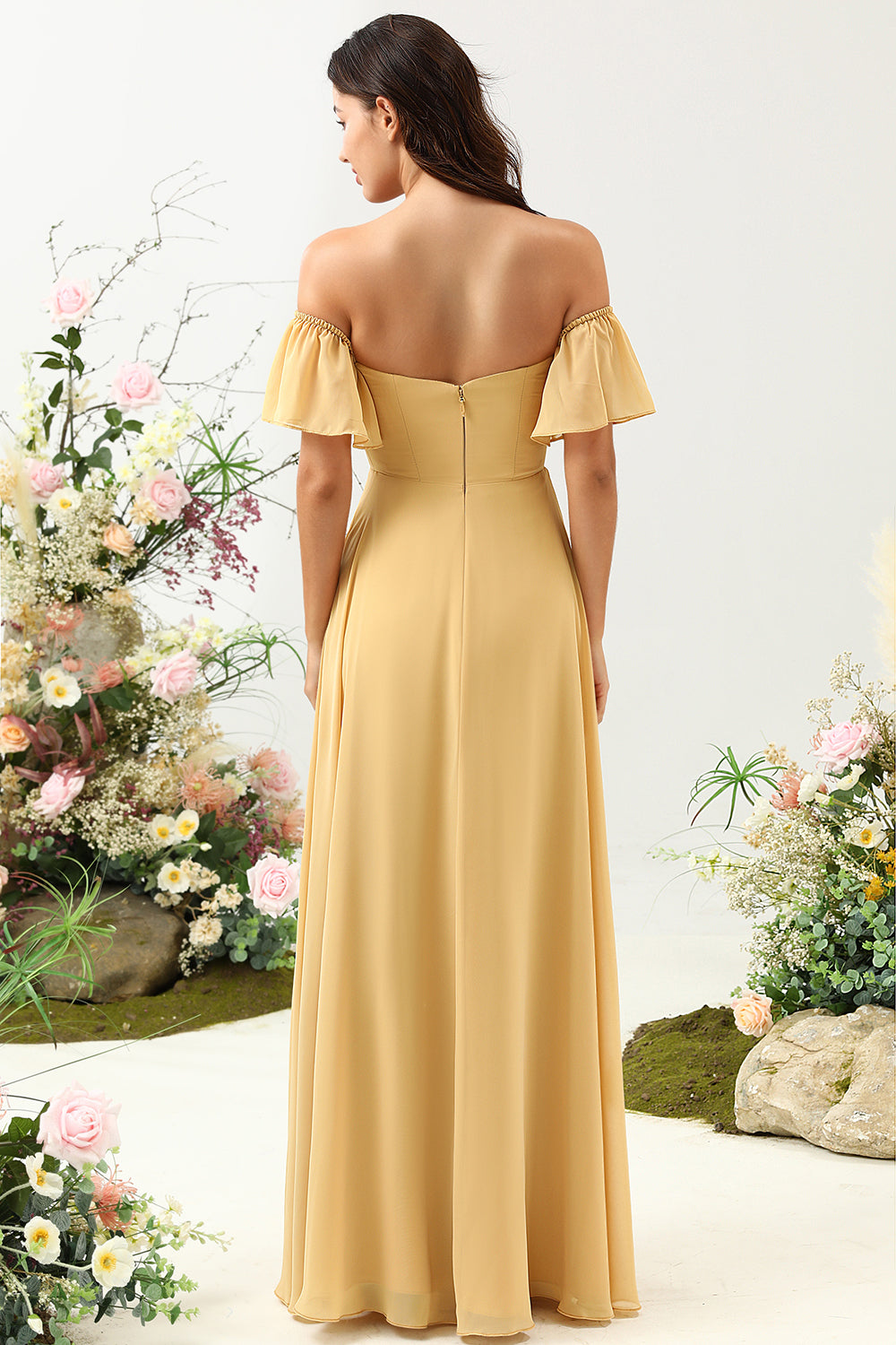 Zapakasa Women Yellow Flower Printed Plus Size Bridesmaid Dress A Line Off the Shoulder Wedding Guest Party Dress Zapakasa Women Yellow Flower Printed Plus Size Bridesmaid Dress A Line Off the Shoulder Wedding Guest Party Dress