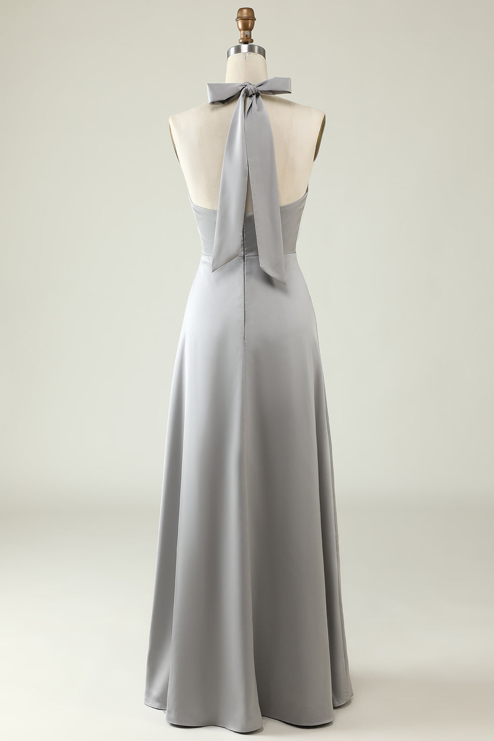 A Line Halter Neck Grey Long Bridesmaid Dress with Slit