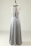 A Line Halter Neck Grey Long Bridesmaid Dress with Slit