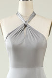A Line Halter Neck Grey Long Bridesmaid Dress with Slit