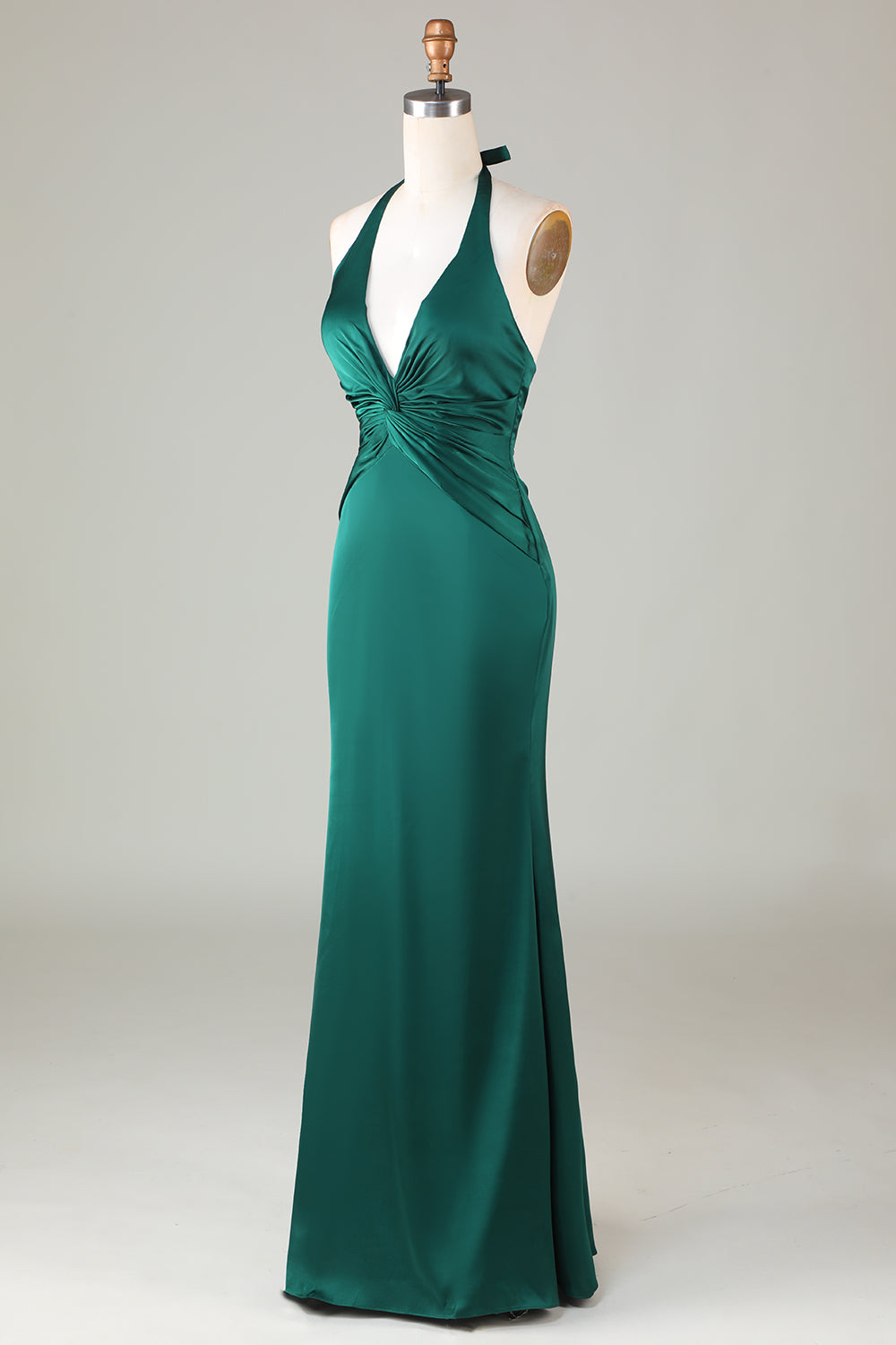 Taupe Sheath Halter Satin Long Bridesmaid Dress