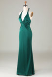 Taupe Sheath Halter Satin Long Bridesmaid Dress