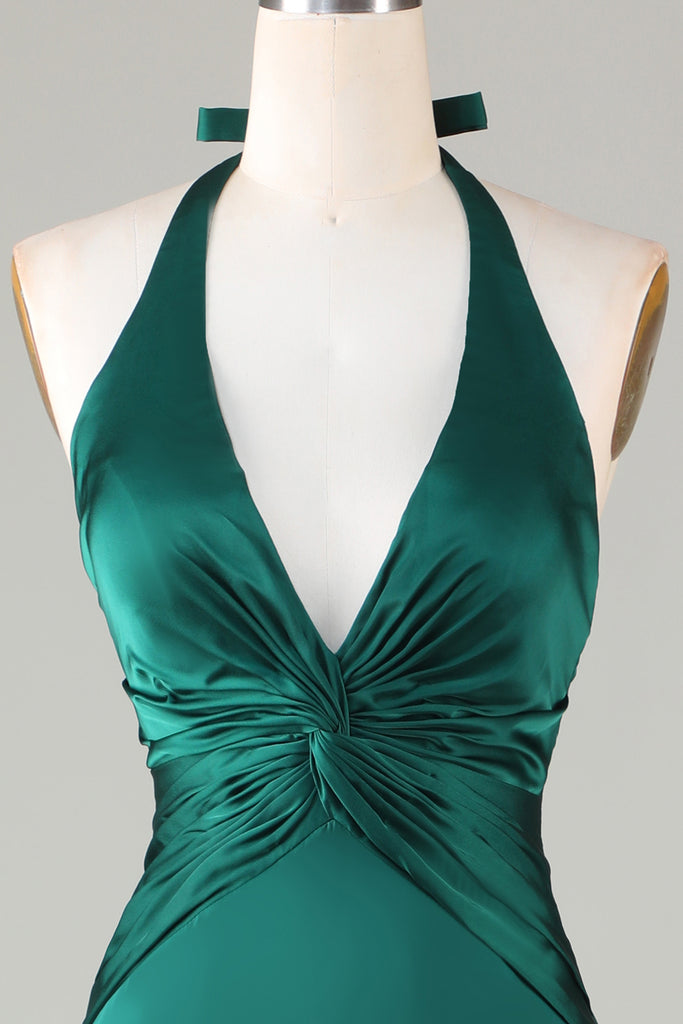 Elegant Halter Dark Green Satin Mermaid Long Party Dress Backless Birthday Prom Gown SP1536 main image 1