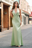 Dark Green Mermaid Halter Ruched Satin Long Bridesmaid Dress