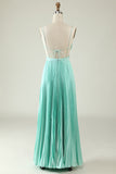 Light Green Spaghetti Straps Pleated Long Bridesmaid Dress