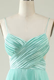 Light Green Spaghetti Straps Pleated Long Bridesmaid Dress