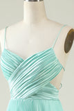 Light Green Spaghetti Straps Pleated Long Bridesmaid Dress