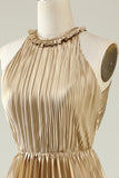 A Line Halter Light Yellow Pleated Long Bridesmaid Dress