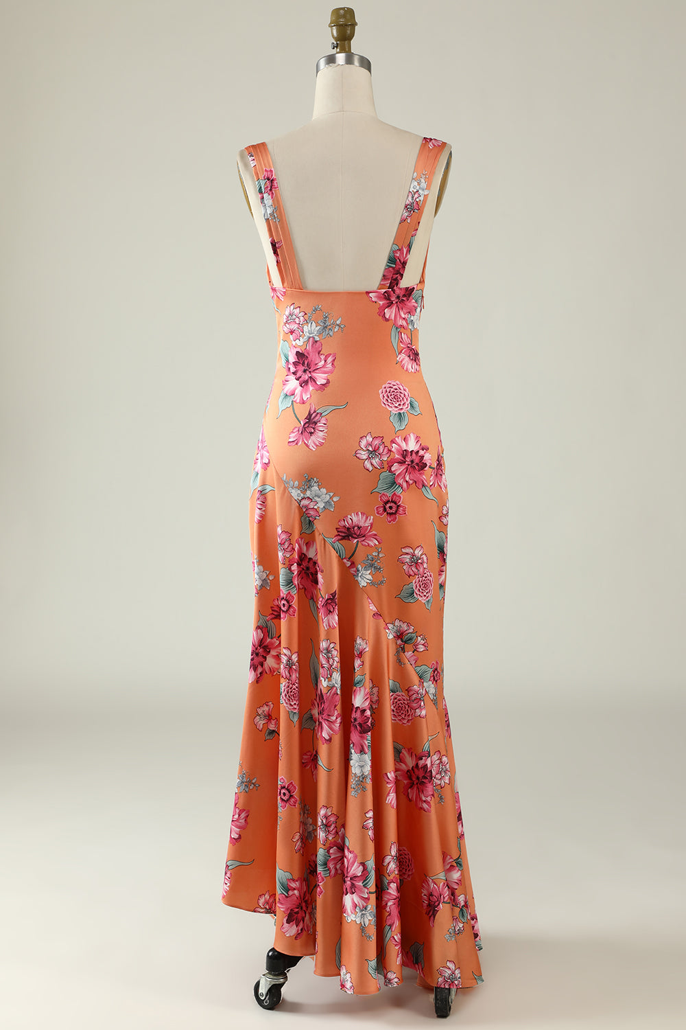 Orange Flower Printed Satin Bridesmaid Dress