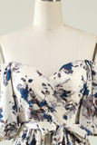 A Line Off the Shoulder White Blue Flower Long Bridesmaid Dress