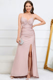 Mermaid Spaghetti Straps Long Blush Prom Dress with Beading