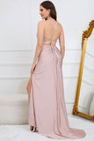 Mermaid Spaghetti Straps Long Blush Prom Dress with Beading