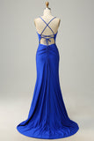 Mermaid Spaghetti Straps Long Blush Prom Dress with Beading