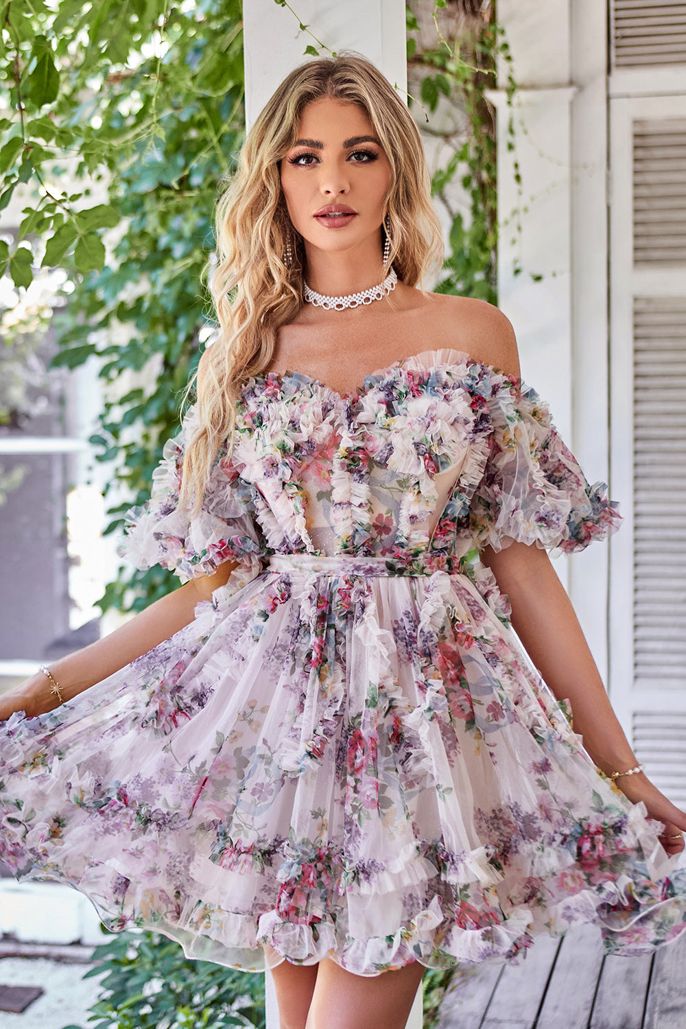 Zapaka Women Printed Cute Homecoming Dress Off The Shoulder Purple A Line Tulle Short Prom Dress, Ivory / US16W Zapaka Women Printed Cute Homecoming Dress Off The Shoulder Purple A Line Tulle Short Prom Dress, Ivory / US16W