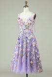 A Line Spaghetti Straps Purple Tea Length Prom Dress with 3D Flowers