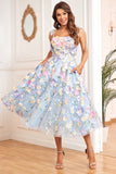 A Line Spaghetti Straps Purple Tea Length Prom Dress with 3D Flowers