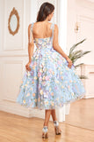 A Line Spaghetti Straps Purple Tea Length Prom Dress with 3D Flowers