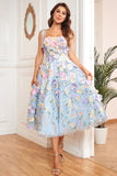 A Line Spaghetti Straps Purple Tea Length Prom Dress with 3D Flowers