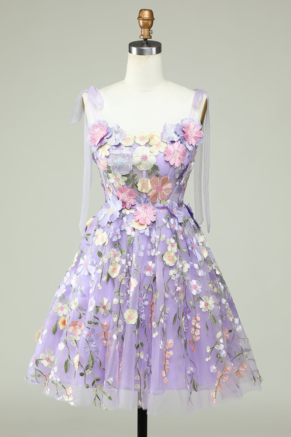 short flower dress Sage Green Floral Embroidery Homecoming Short Sleeve Neckline Blue Corset A-Line Short Homecoming