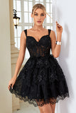 A Line Off the Shoulder Black Corset Homecoming Dress with Lace