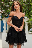 A Line Off the Shoulder Black Corset Homecoming Dress with Lace