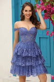 A Line Off the Shoulder Dark Blue Corset Homecoming Dress with Lace