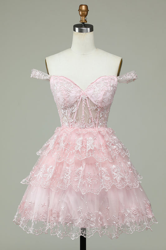 Pink Off the Shoulder Corset Homecoming Dress with Lace