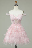 Pink Off the Shoulder Corset Homecoming Dress with Lace