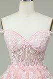 Pink Off the Shoulder Corset Homecoming Dress with Lace