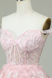 Pink Off the Shoulder Corset Homecoming Dress with Lace