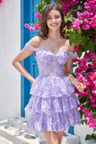 A Line Off the Shoulder Purple Corset Homecoming Dress with Lace