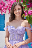 A Line Off the Shoulder Blue Corset Homecoming Dress with Lace