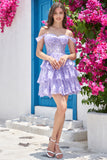 A Line Off the Shoulder Purple Corset Homecoming Dress with Lace