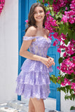 A Line Off the Shoulder Blue Corset Homecoming Dress with Lace