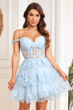 Pink Off the Shoulder Corset Homecoming Dress with Lace