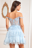 Pink Off the Shoulder Corset Homecoming Dress with Lace