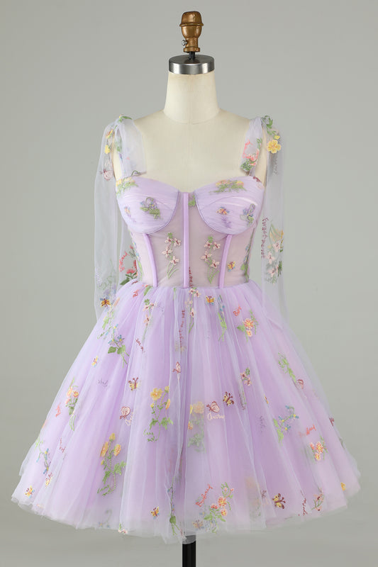 Spaghetti Straps Lavender Tulle Short Homecoming Dress with Embroidery