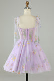 Spaghetti Straps Lavender Tulle Short Homecoming Dress with Embroidery