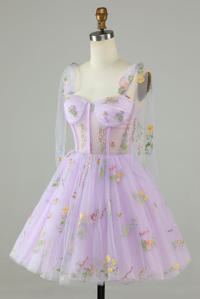 Unique Spaghetti Straps Rose Flowers Birthday Outfits Lavender A Line Homecoming Dress  S459