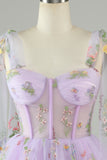 Spaghetti Straps Lavender Tulle Short Homecoming Dress with Embroidery